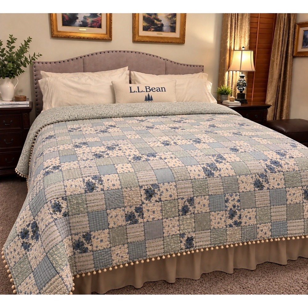 L.L.Bean King Patchwork Quilt 105x95 Blue Green Floral Cotton Pom Pom Trim